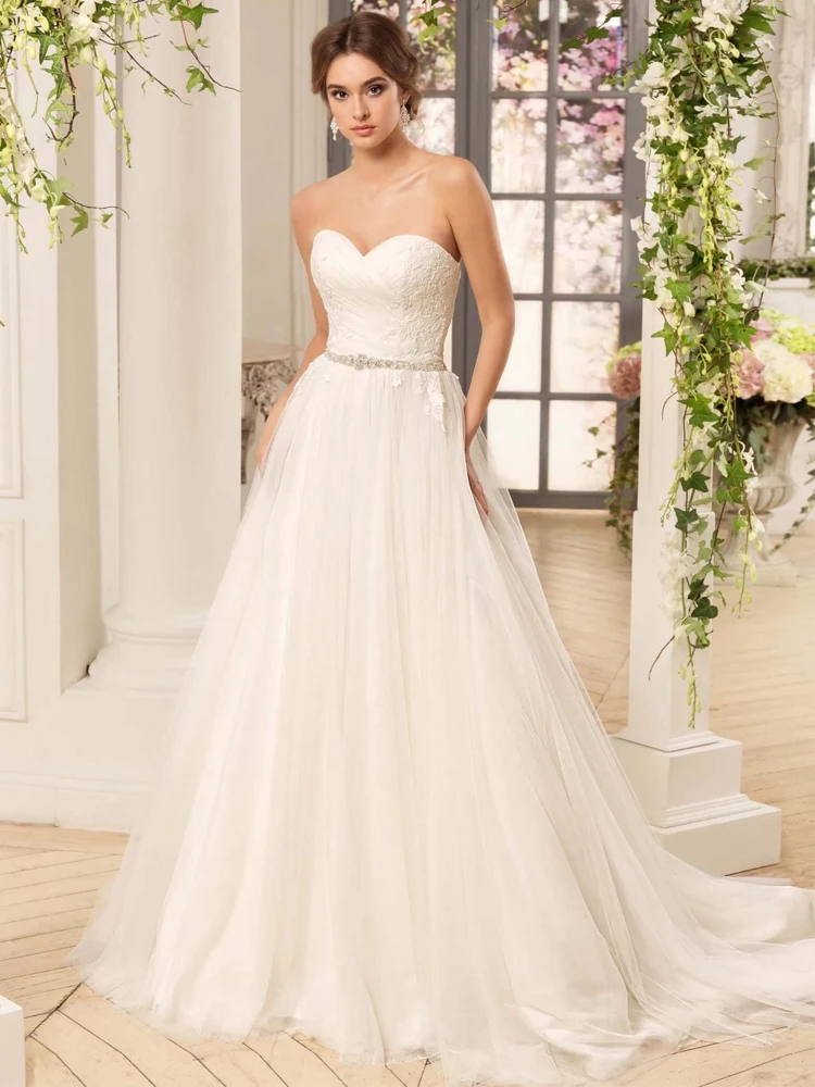 

Женские трапециевидные Свадебные платья без бретелек из тюля кружевные свадебные платья с поясом с бисером