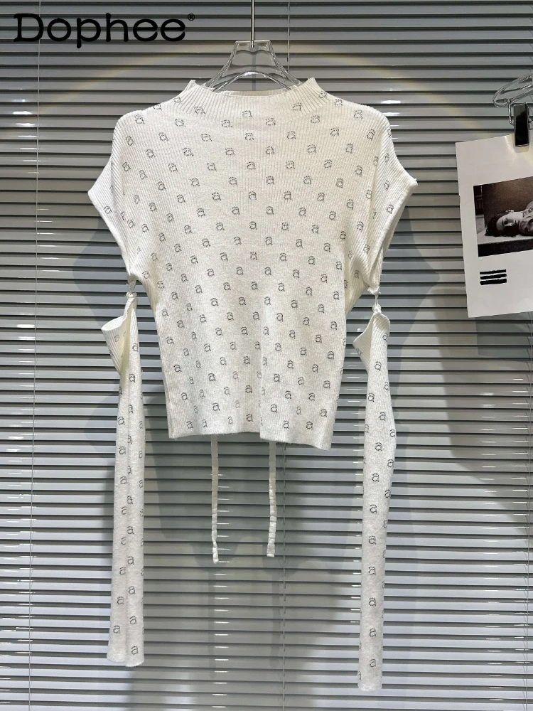 

Letter Rhinestone Oversleeve Elegant Sweater Women 2023 Autumn Korean Slim Fit Sexy Waist Hollow-out Round Neck Knitted Top
