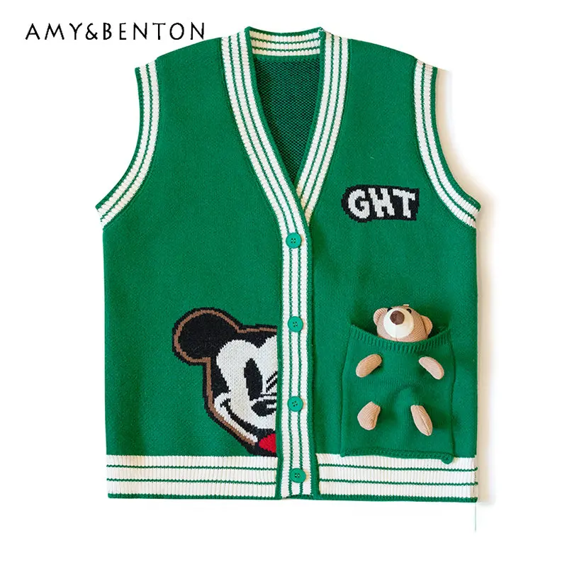 

Spring V-neck Single Breasted Sweater Vest Ladies Cardigan Cartoon Three-Dimensional Bear Knitted Sweater Vest Coat for Women