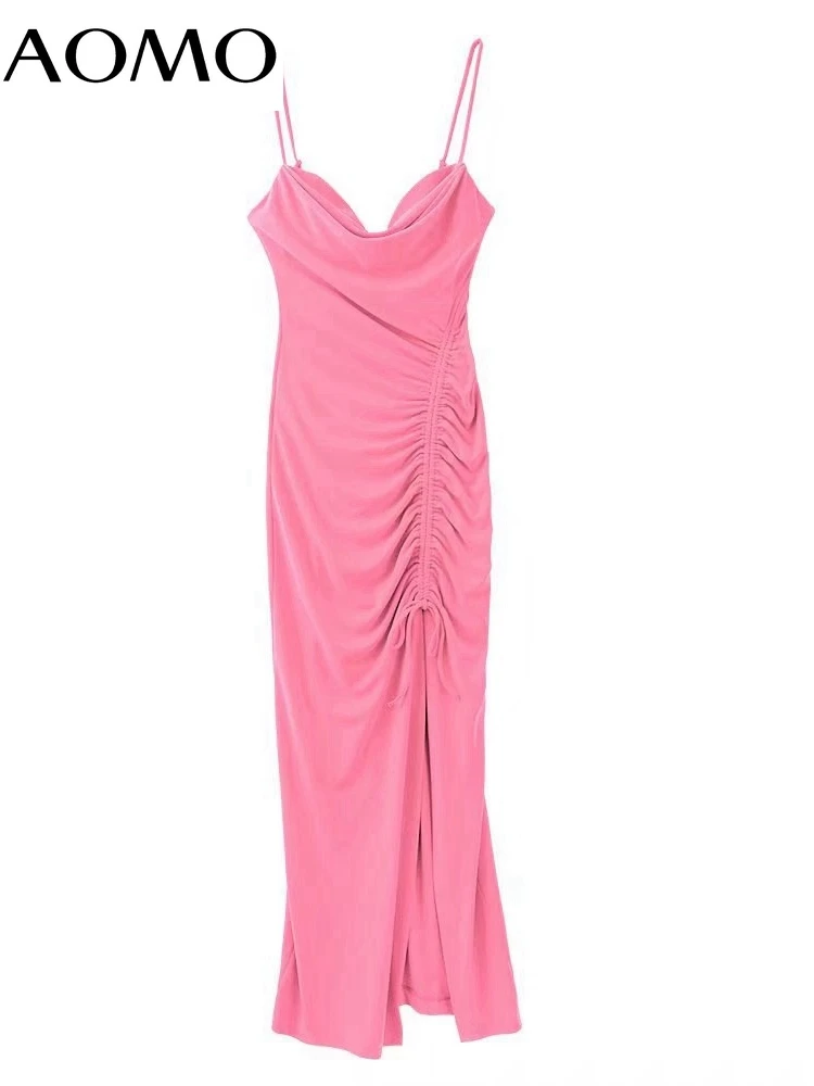

AOMO Women Pink Draped Adjustable Midi Dress Vintage Backless Zipper Straps Female Party Dresses Vestidos 3H476A