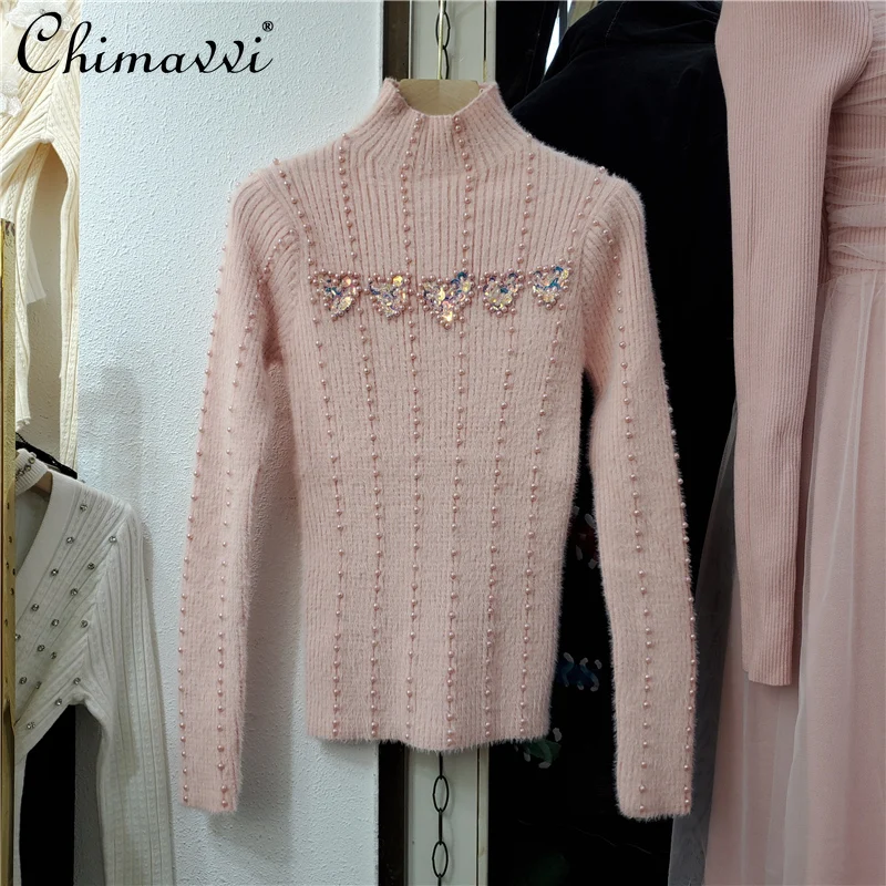 

French Fashion Heavy Beads Inner Wear Sweater for Women Elegant Slim Fit Turtleneck Bottoming Top 2022 Spring Clothes New