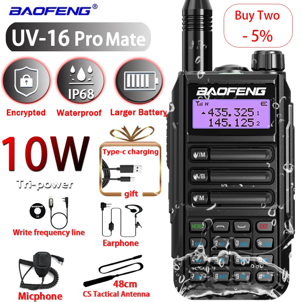 Baofeng UV16 Pro Mate High Power Walkie Talkie IP68 Upgraded Of UV-9R Plus UV82 UV5R Waterproof VHF UHF CB Dual Band Ham Radio