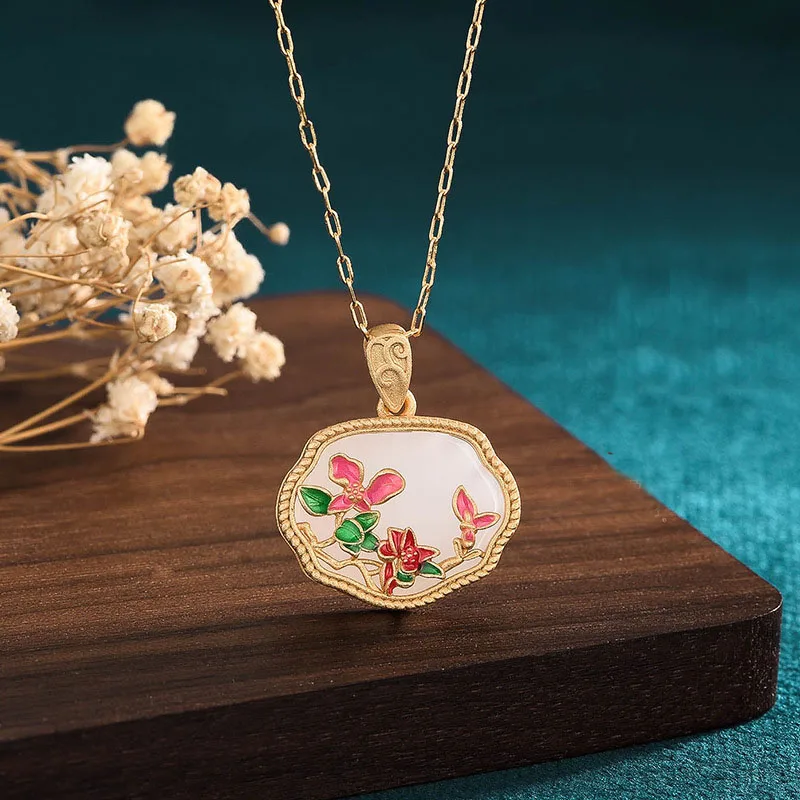 

China Style Hetian Jade Necklace Copper Enamel Color Plum Blossom Ruyi Safe Lock Pendant Retro Clavicle Chain Necklace Women