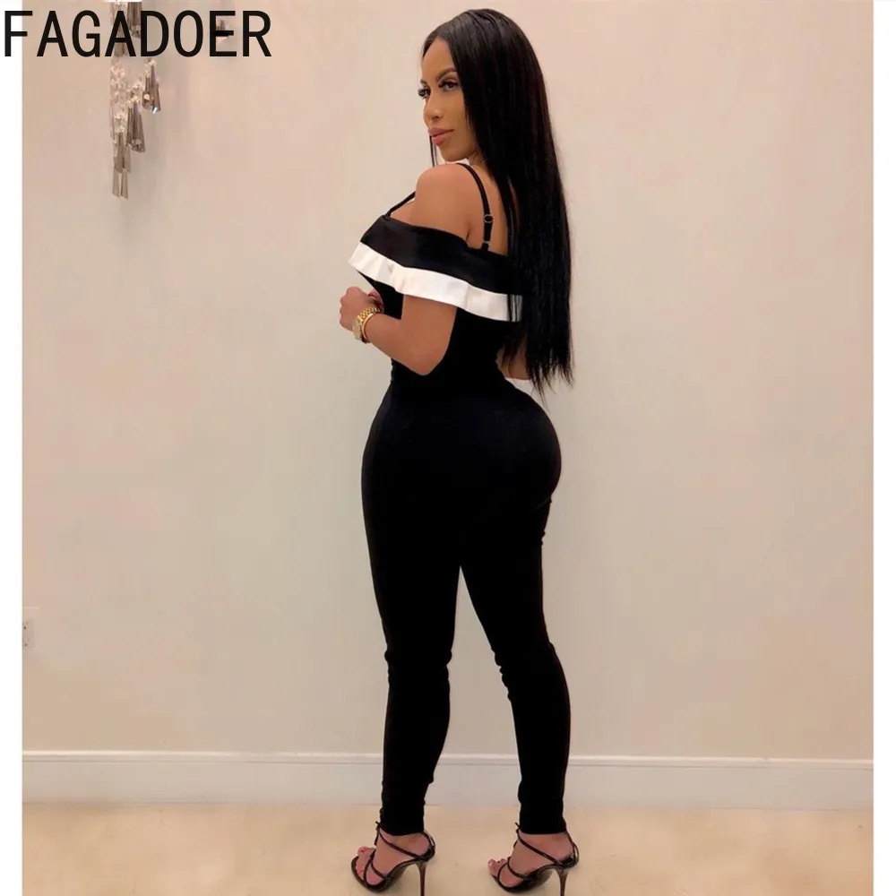 FAGADOER Off Shoulder Ruffle Jumpsuit Women Deep V Bodycon Romper Office Lady One Piece Playsuits Elegant Female Work Wear 2022
