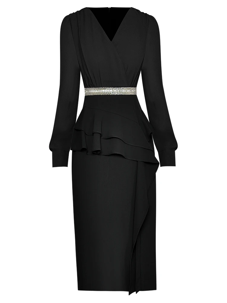 

Runway New Designer Autumn High Quality Women's Fashion Chic Elegant Casual Party Long Sleeves Crystal Beading Slim Pencil Dress
