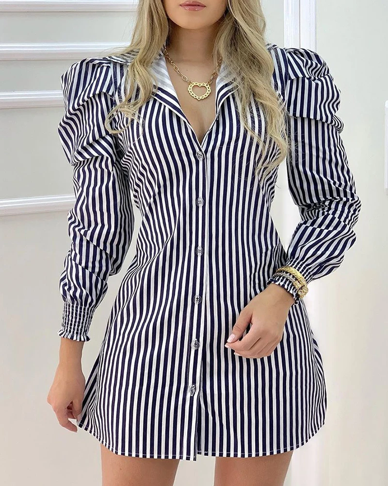 

2020 Autumn Spring Turn-down Collar Workwear Women Fashion Striped Button Design Puffed Sleeve Shirt Mini Dress Polkadot Print