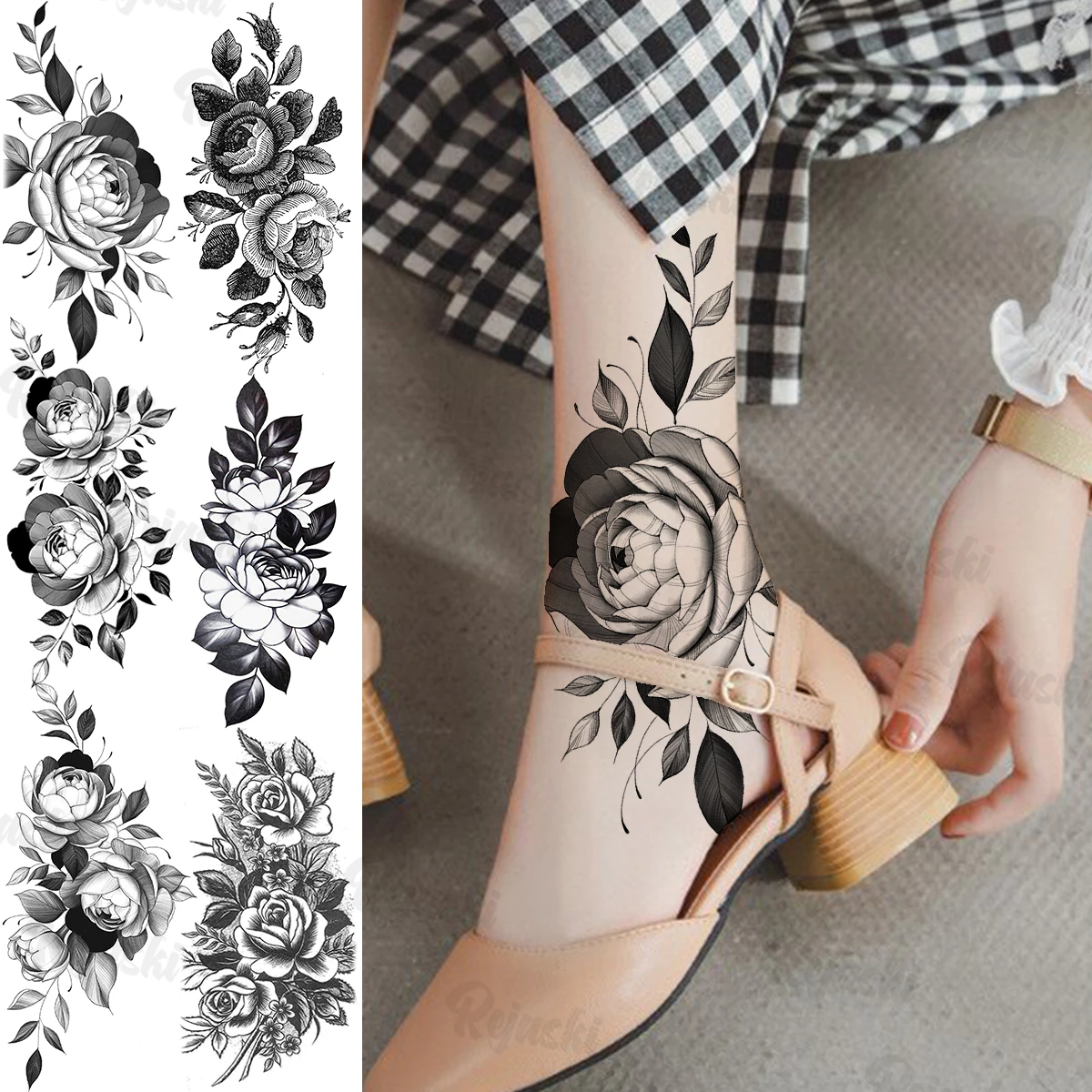 

Large Rose Flower Temporary Tattoos For Women Girls Foot Arm Tatoos Realistic Flora Dahlia Waterproof Fake Tattoo Sticker DIY