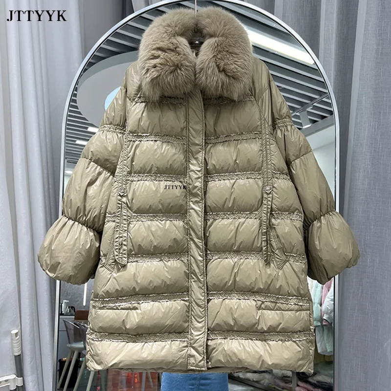 

Fashion Waterproof Female Duck Down Coat Long Feather Jacket Women Winter Black Puffer Jackets Loose Real Raccoon Fur Parkas