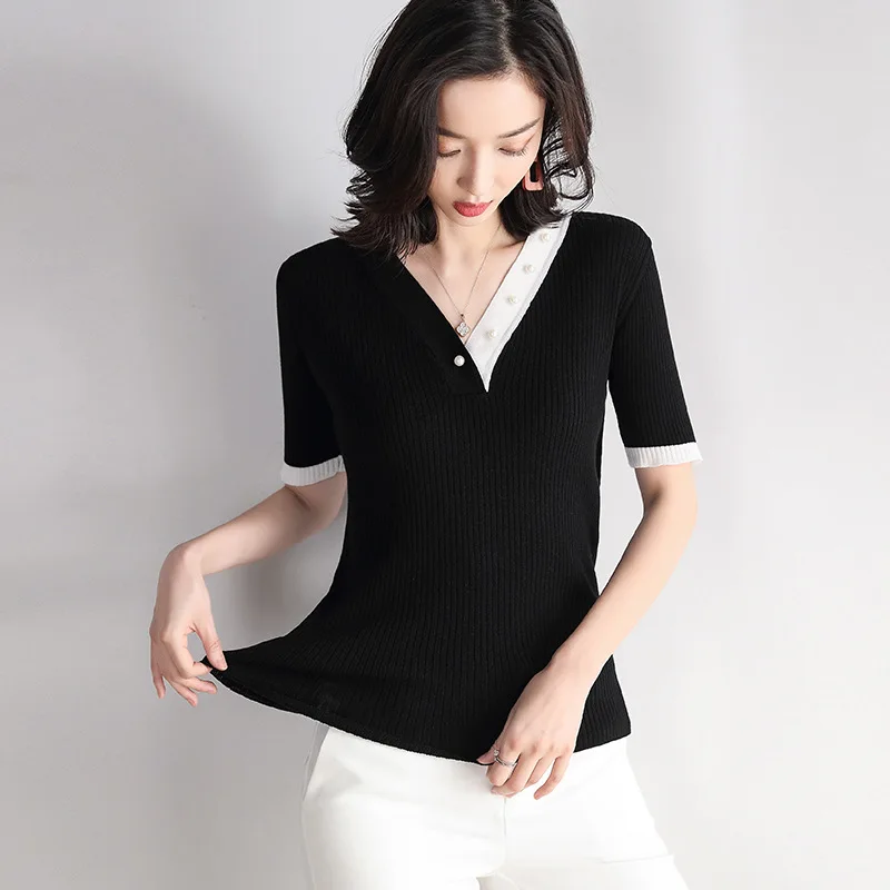 

New Summer Short Women's Thin Knitted Short Sleeve T-shirt Top Black