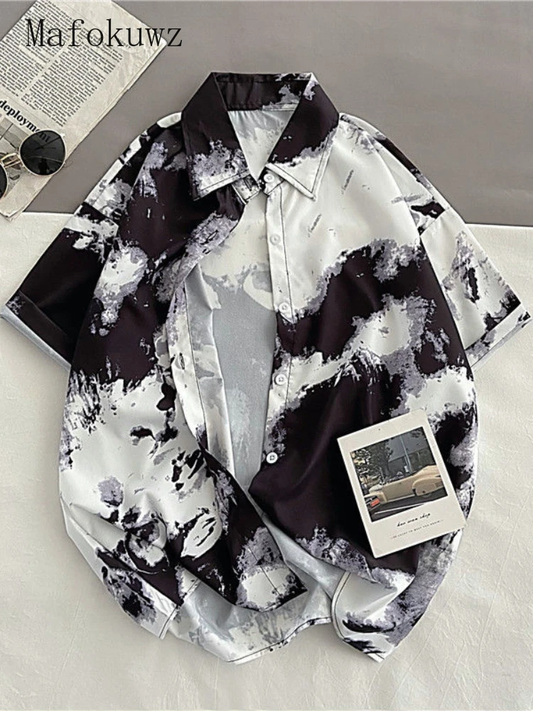 

Mafokuwz Tie-dye Short-sleeved Shirt Men Vintage Design Large Size Button-up Shirt Women Summer Korean High Street Gothic Top