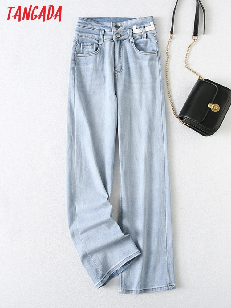 

Tangada 2022 Fashion Women Light Blue Loose Jeans Pants Long Trousers Pockets Buttons Female Pants YU214