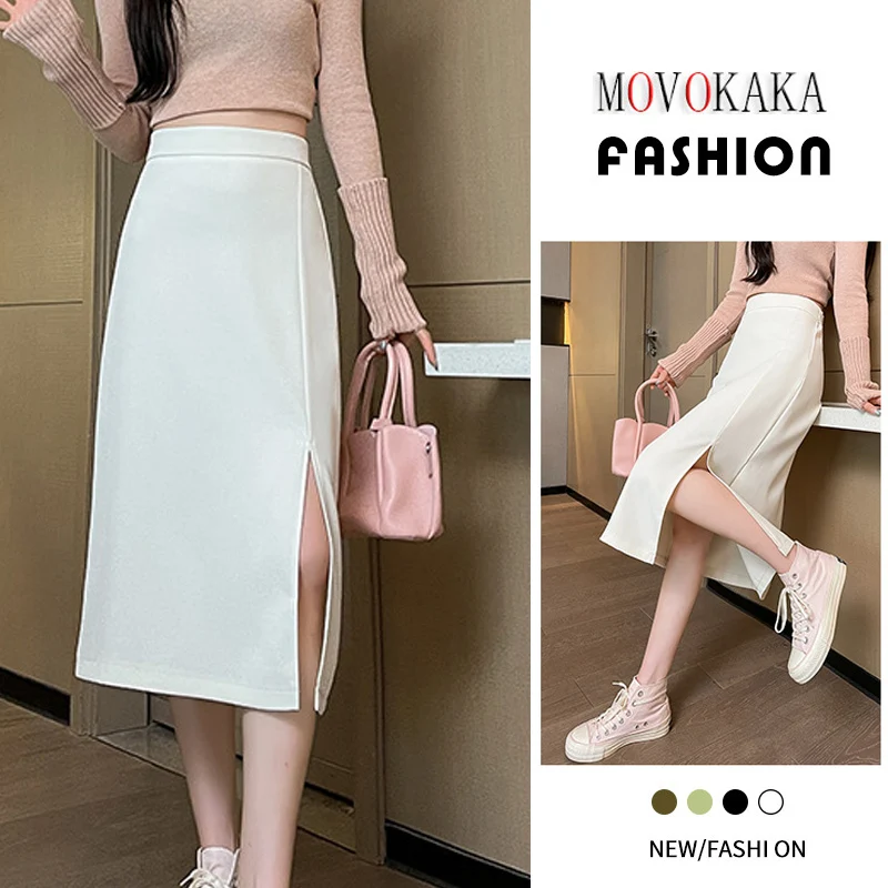 

MOVOKAKA Ladies Spring Summer White Elegant Mid Skirts With Slit High Waist Package Hip Slim Skirt Casual Stylish Skirts Women