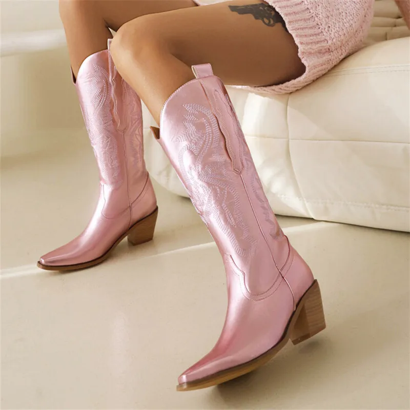 

New Women's Knee Boots Spring Autumn Sewing Print Female Mid Heel Shoes Punk Party Crude Heels Bottes Femelles Big Size 35-43