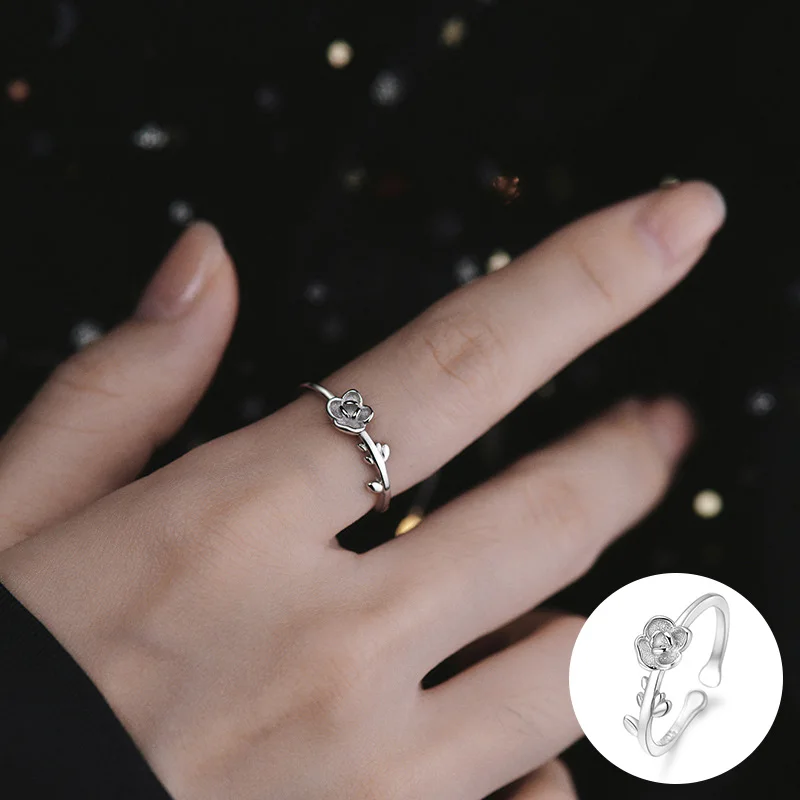 

100% 925 Sterling Silver Flower Open Ring for Women Girl Simple Fashion Rose Plant Design Jewelry Birthday Gift Dropshipping