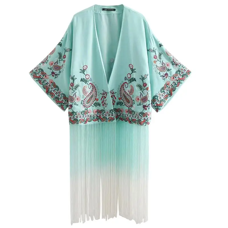 

Summer And Autumn Kimono Style Heavy Industry Embroidery Flower Fringe Decorated Cardigan Coat Shawl Trend