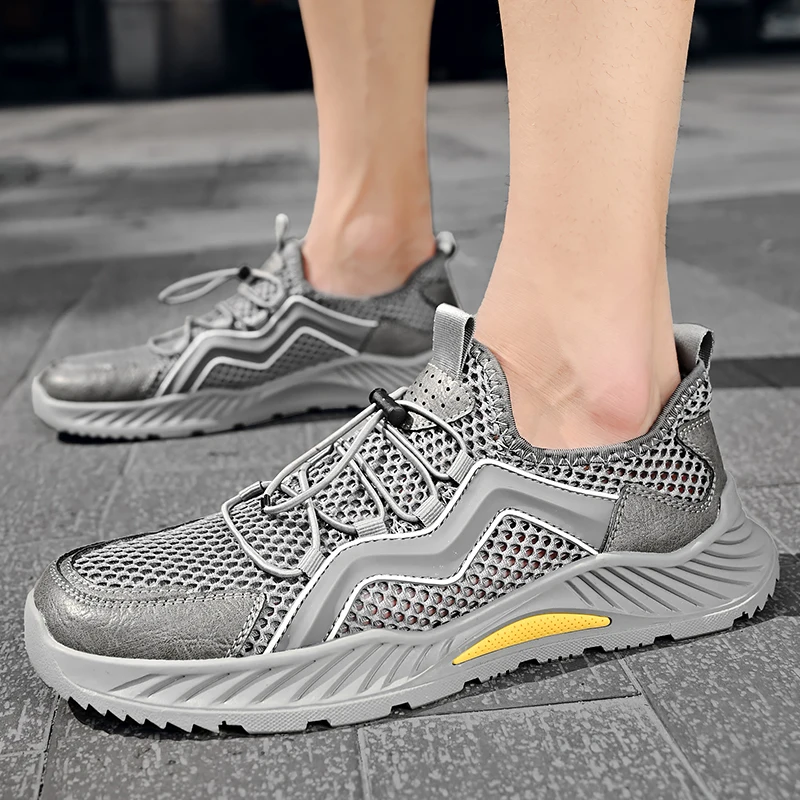 

High Quality Men's Genuine Leather Causal Platform Sneakers Summer Breathable Mesh Slip on Running Shoes for Men Tennis Shoes