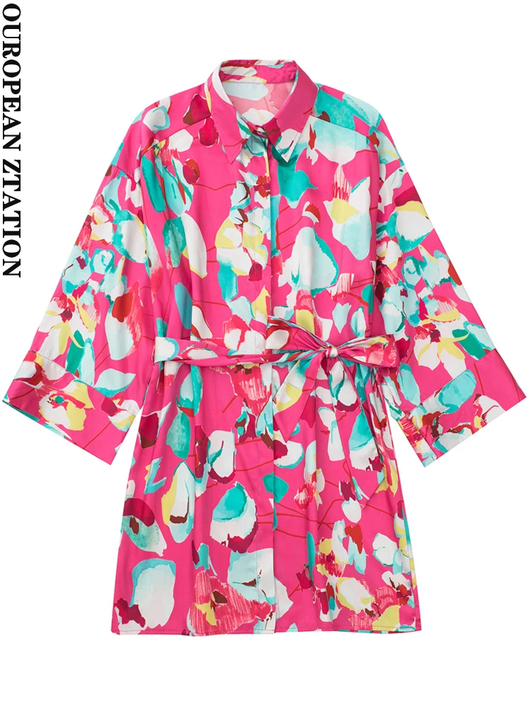 

PAILETE Women 2022 fashion with belt floral print mini shirt dress vintage v-neck front buttons female dresses mujer