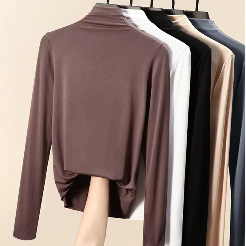 Осенняя Корейская хлопковая футболка Женская винтажная Водолазка с длинным