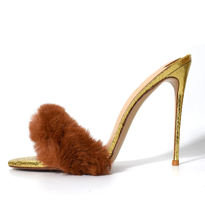 

Doris Fanny Women Stiletto High Heel Slide Sandals Sexy Peep Toe Evening Party Golden Shoe Summer Feather Fashion Lady Slipper
