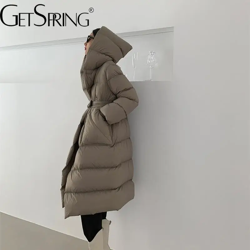 

GetSpring женский пуховик 2022 зимняя куртка на шнуровке с капюшоном из белого утиного пуха однотонная свободная Длинная утепленная теплая верхн...
