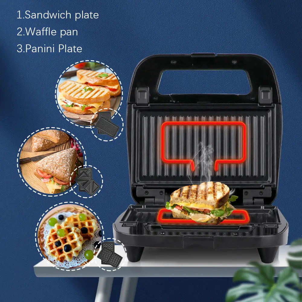 3-in-1 Sandwich Maker, Belgian Waffle Maker, Electric Panini Press Grill, 800W Double Sided Quick Heating System