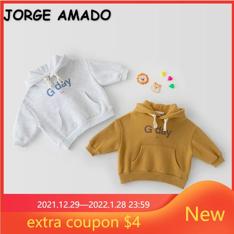 

2022 Korean Style Spring Boy Girl Sweatshirt Hooded Long Sleeves Letter Thick Pocket Hoodies Kid Pullover Cotton Clothes E2110