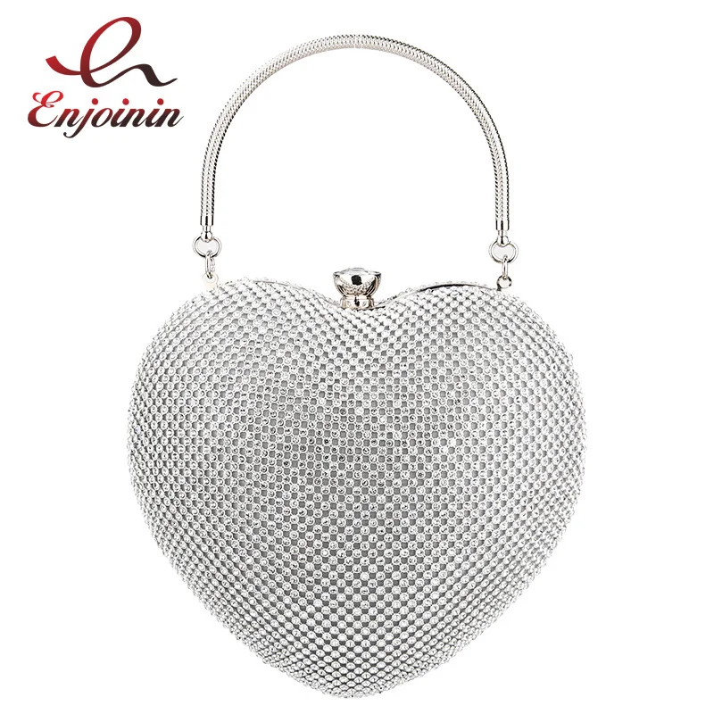 

Luxury Diamond Heart Shaped Silver Women Party Clutch Evening Bag Fashion Chain Purses and Handbags Bag Wedding Bag
