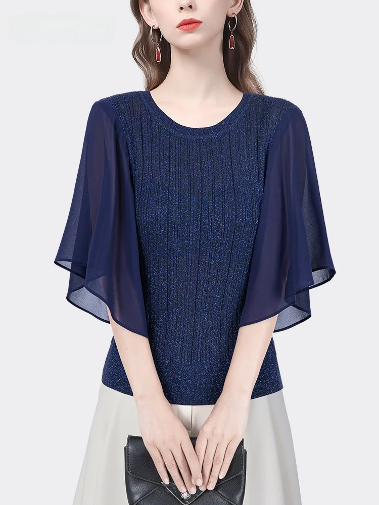 Вязаная женская тонкая шифоновая рубашка топ с короткими рукавами летучая мышь