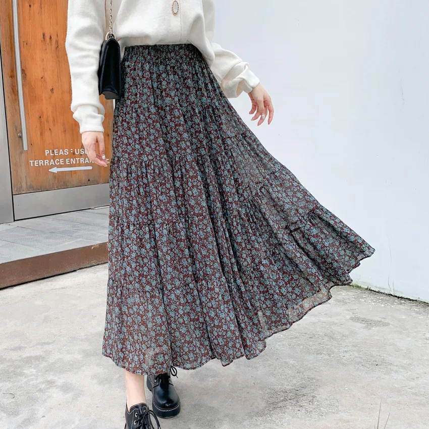 

2021 Fall Winter Women Floral Skirt Korean Sweet Streetwear A-line High Waist Skirt Female Solid ColorChiffon Mid-length Skirt