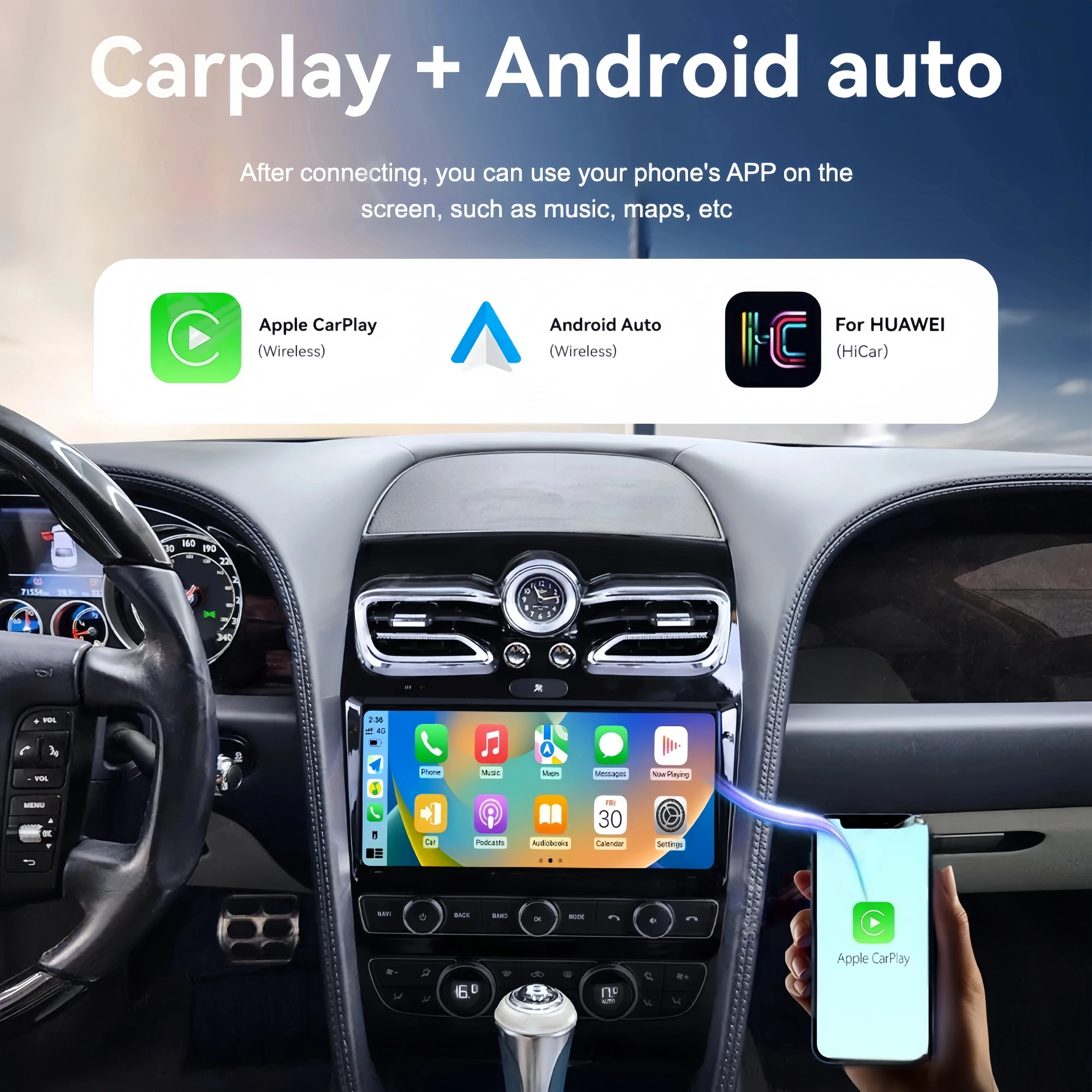 Фото 10.9-дюймовый автомобильный мультимедийный центр с CarPlay и Android 14 для Bentley Flying Spur Continental GT 2005-2019: автомагнитола, GPS, стереоплеер, головное устройство №4