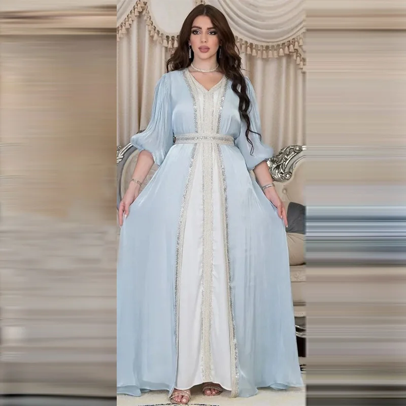 Kaftan Moroco Abaya Women Dubai 2022 Muslim Turkish Women Dress Abaya Bright Silk Satin Three Piece Dress Moroccan Caftan Woman