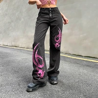 gothic graphic embroidery jeans y2k harajuku low rise button up denim pants women hippie streetwear straight baggy pants