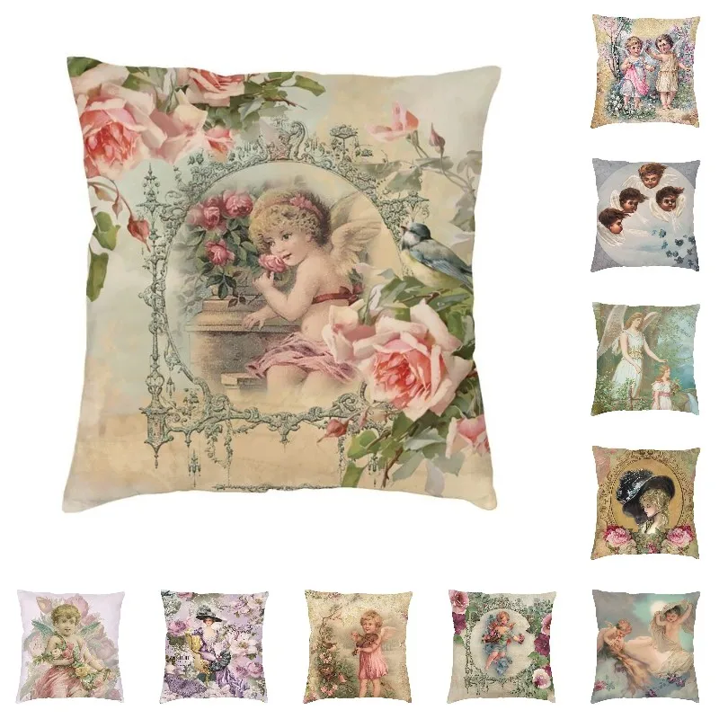 

Чехол с принтом Викторианского ангела и розовыми винтажными розами 40x40 см, домашний декор, милые подушки для дивана, квадратная подушка, чехол