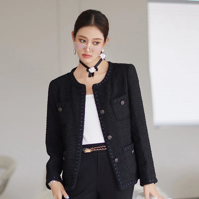 

High-quality French style Women Black Jacket 2022 Autumn Elegant Wool Blend Jacket Female Fashion Tweed Jacket Woman Top Outwear