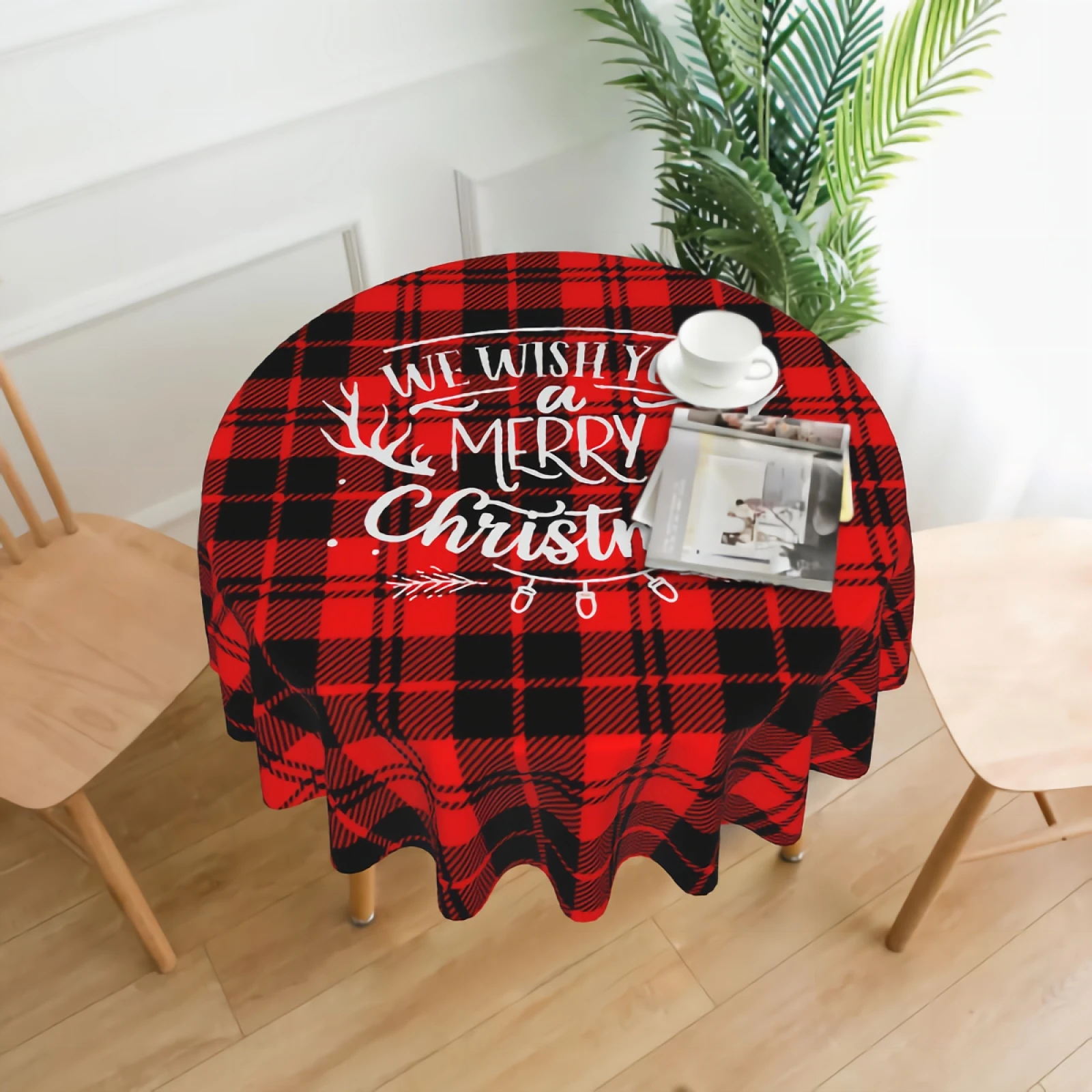 

Tartan Seamless Pattern Merry Christmas White Round Table Cloth Waterproof Resistant Wrinkle And Washable Table Cover 150 CM