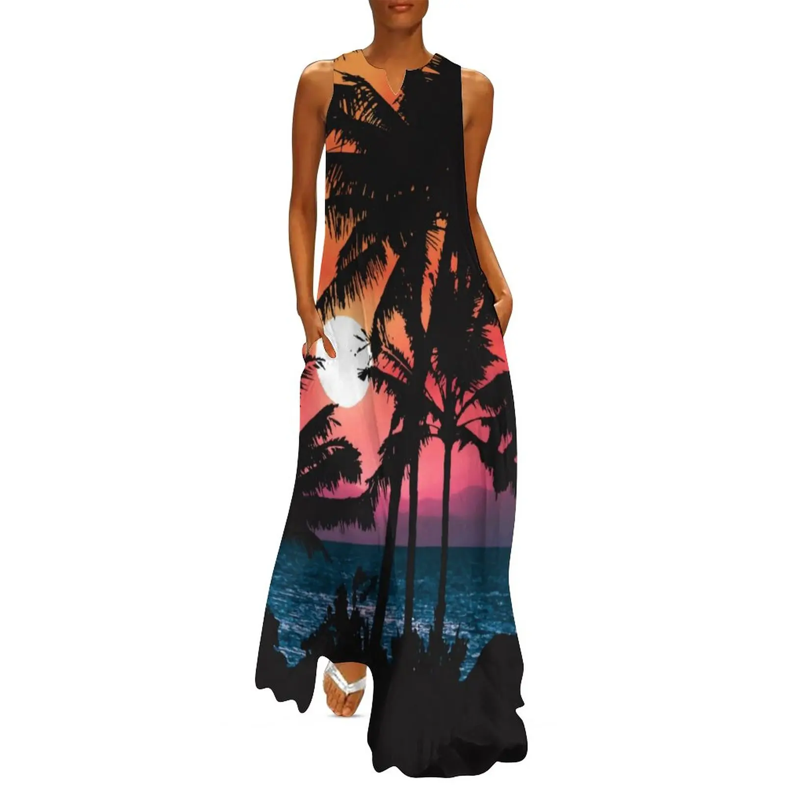 

Женское платье с тропическими пальмами, повседневное длинное платье большого размера с V-образным вырезом и графическим принтом, уличная одежда, лето