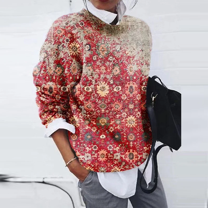 

Winter Elegant Commute Pullover Sweatshirt Women Casual O-neck Long Sleeve Streetwear Top Autumn Vintage Print Shirt Sweater Top