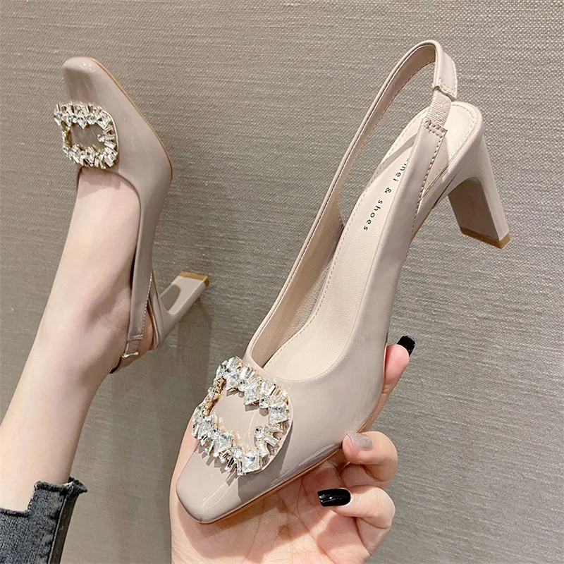 

Сандалии женские из лакированной кожи, повседневные босоножки с ремешком на щиколотке, высокий каблук 6 см, черные, 39 40