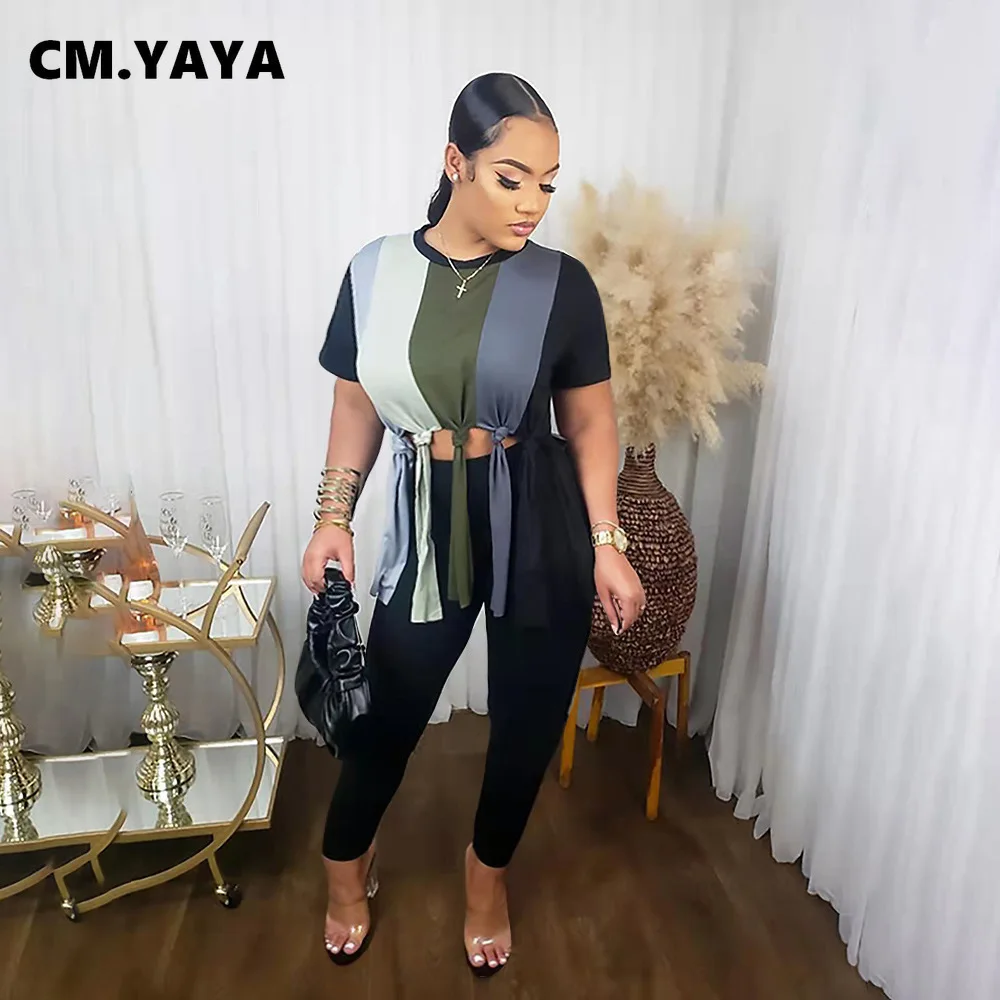 

Женский элегантный спортивный костюм CM.YAYA из двух предметов: полосатая футболка с бахромой и брюки