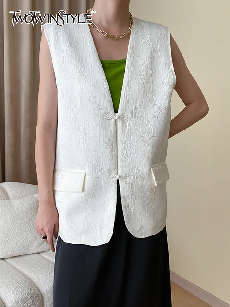 

TWOTWINSTYLE Printing Vintage Waistcoats For Women V Neck Sleeveless Patchwork Single Breasted Temperament Waistcoat Female 2023
