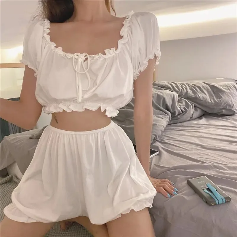 

Sexy Pijama Set Women 2 Pieces Summer Cute Cloth Pajama Shorts Sailor Collar Home Suits Sleepwear Costume Janpan Nightwear White