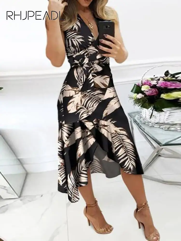 

Fashion Boho Irregular Midi Dress For Women Sexy V-neck Sleeveless Belt Print Elegant Party Long Dresses Ladies 2022 Robe Femme