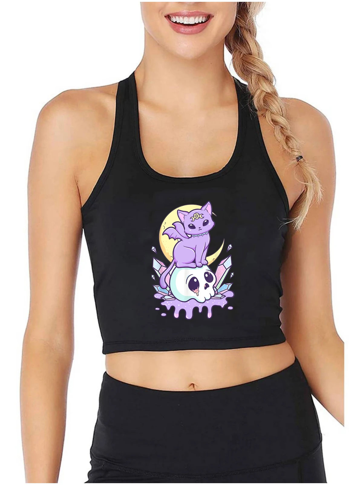 

Witchy Cat And Skull Graphics Sexy Slim Fit Crop Top Pastel Goth Creepy Demon Design Tank Tops Girl's Satan Cat Camisole