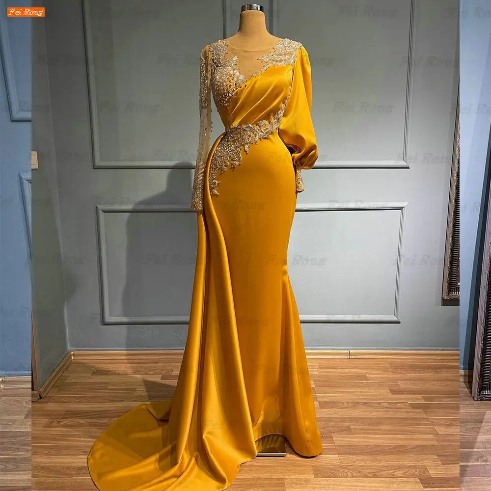 

Gold Mermaid Eveing Dresses Scoop Neck Beaded Robes De Soirée E Femme Long Sleeves Satin Women Party Dress Vestidos De Notie