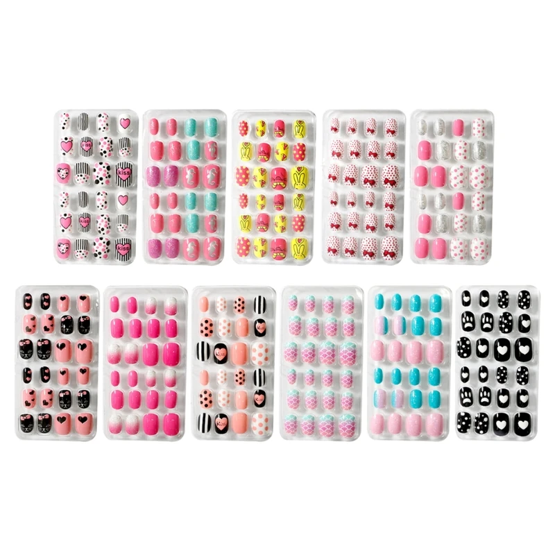 

Q1QD Short Square Nails Full Cover Press On 24PCS/box Children/adult Cartoon Candy Fake Nails Full Coverage Self-adhesive
