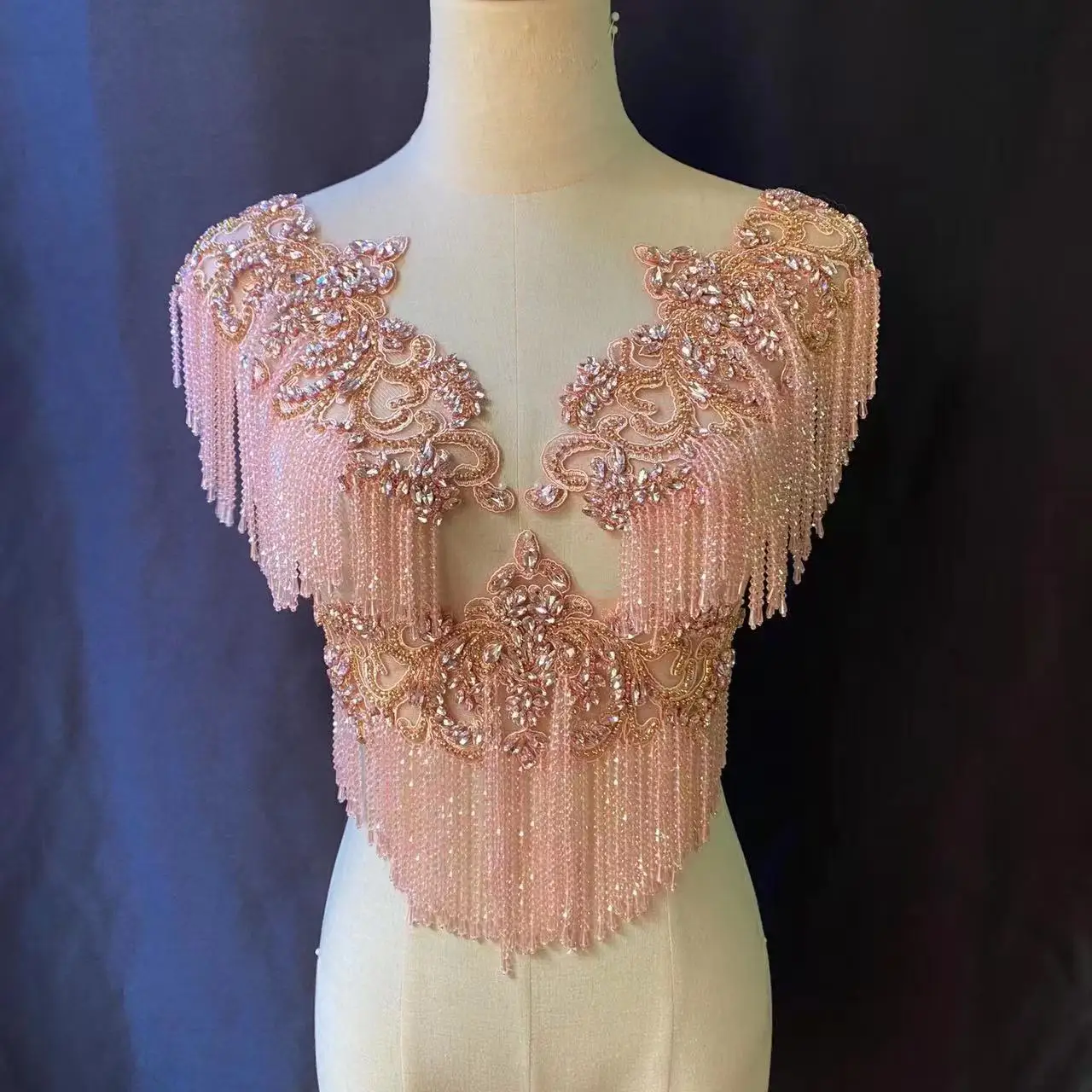 Pink  Fringe Applique French Rhinestone Multi Color Crystal Bead Chain Patch for Bridal Cape Necklace Sash,Sexy Haute Couture