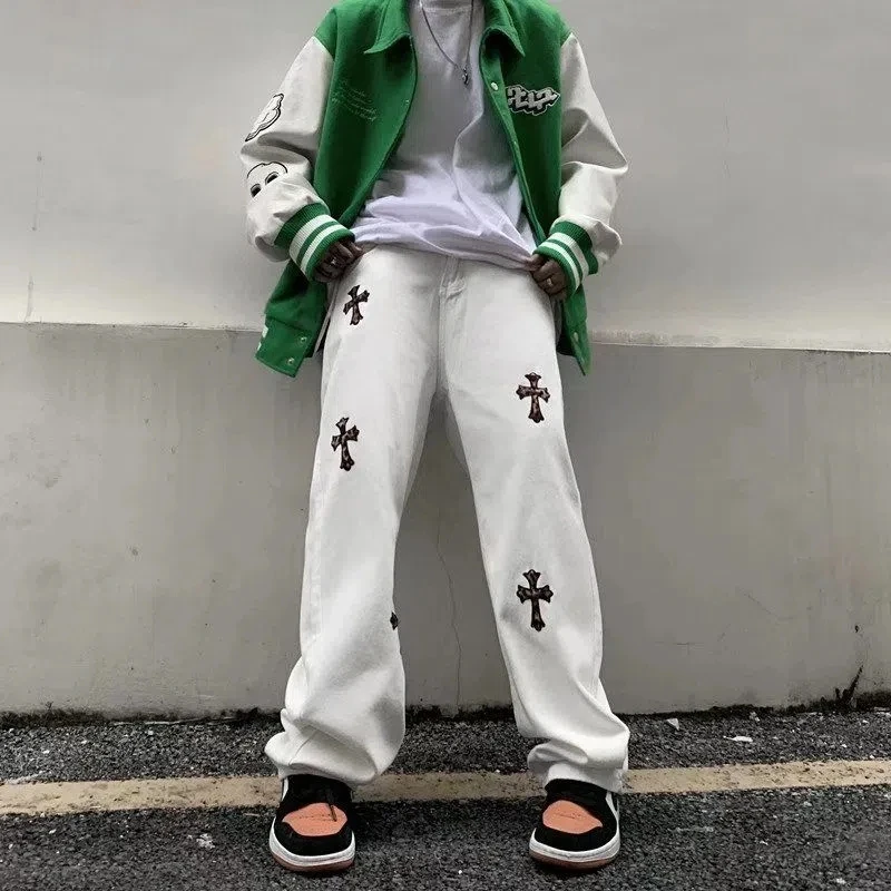 Streetwear Korean Fashion Clothes Cross Applique Jeans Men'S  High Waist Y2k Straight Baggy Pants Casual Denim Trousers Unisex