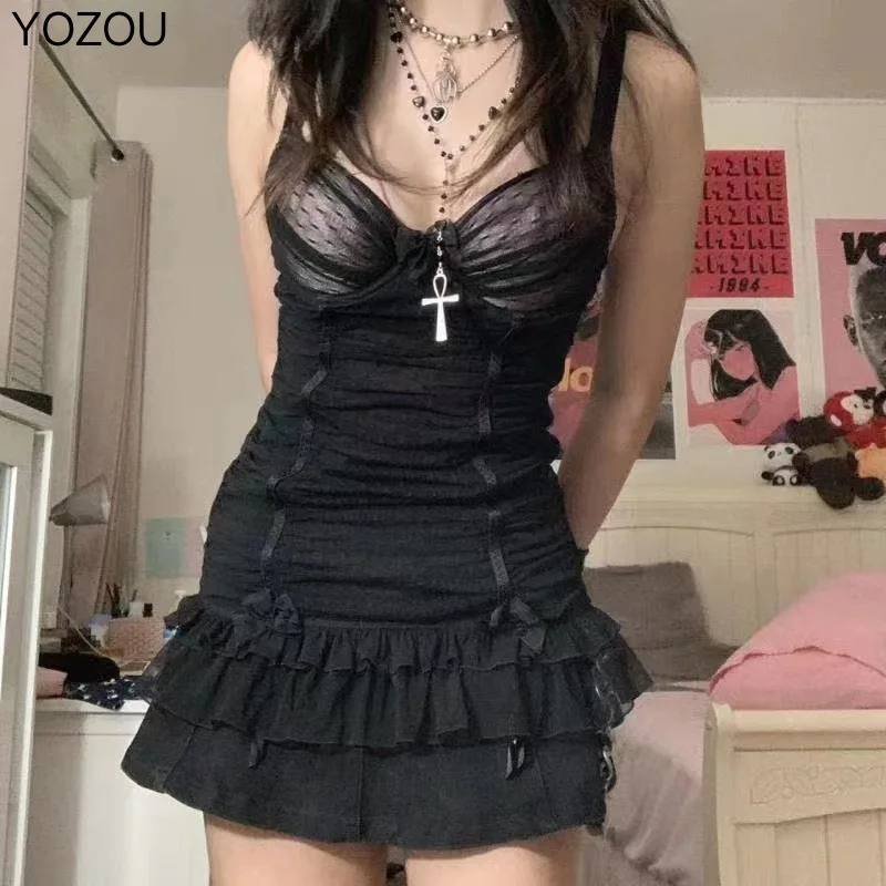 YOZOU 2022 Summer Vintage Black Sexy Lace Cute Goth Slim Bodycon Slip Mini Dress Maddy Outfits Streetwear Sleeveless Sundress