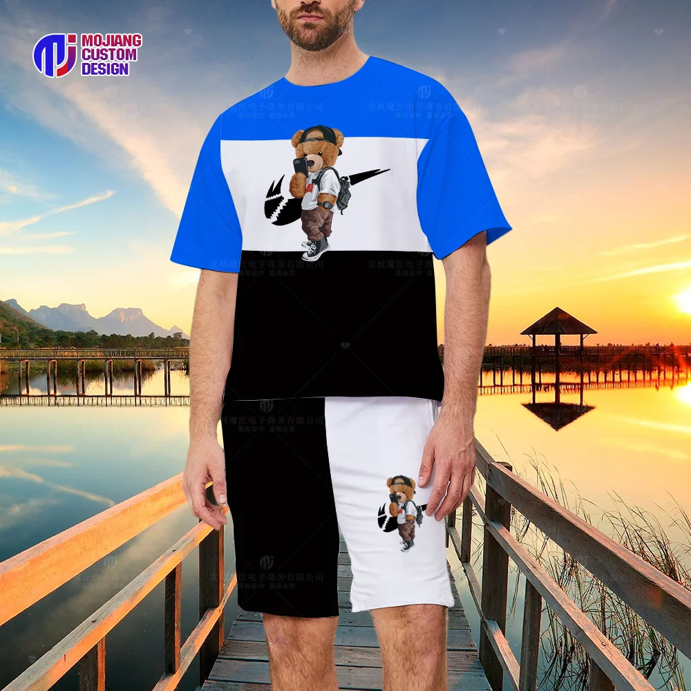 New 2023 Sports Brand Bear Letters Men's T-shirt Suit Fashion Sportswear 3D Printing Loose Beach Shorts Shorts Casual Hello Patt