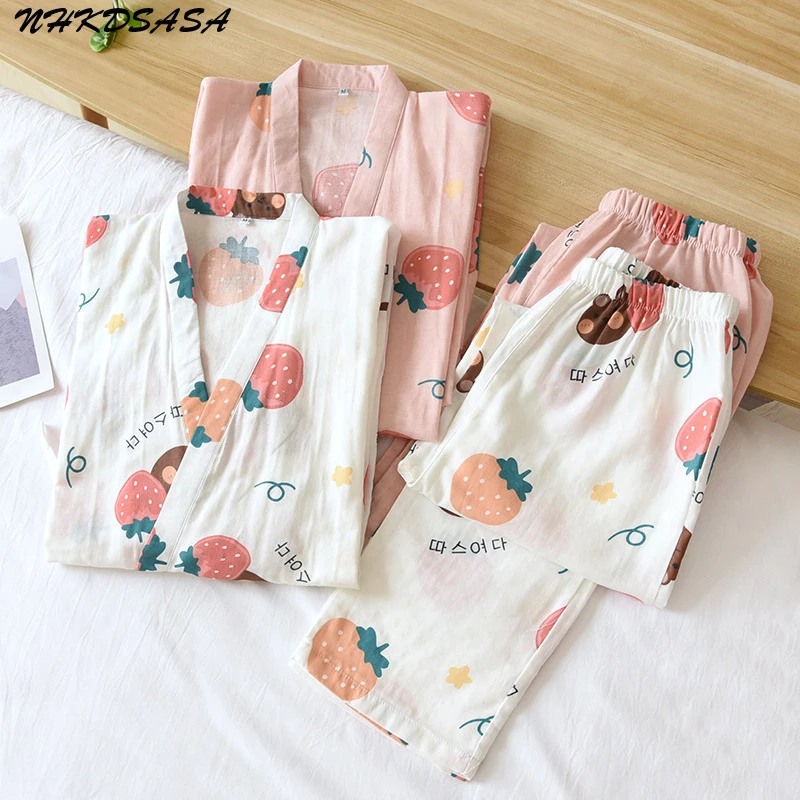 

New Ladies Kimono Style Pajamas Set Loose Thin V-Neck Three-Quarter Sleeves Gauze Cotton Man 2Pcs Sleepwear Loose Homewear